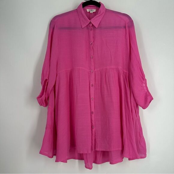 UMGEE Oversized Sheer Hot Pink Button Boho Tiered Shirt Tunic Beach Coverup Sz S - Picture 1 of 8
